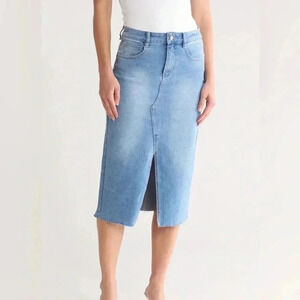 OAK New York Front Slit Denim Midi Skirt Size 4/27 NWT Raw Hem High Waist